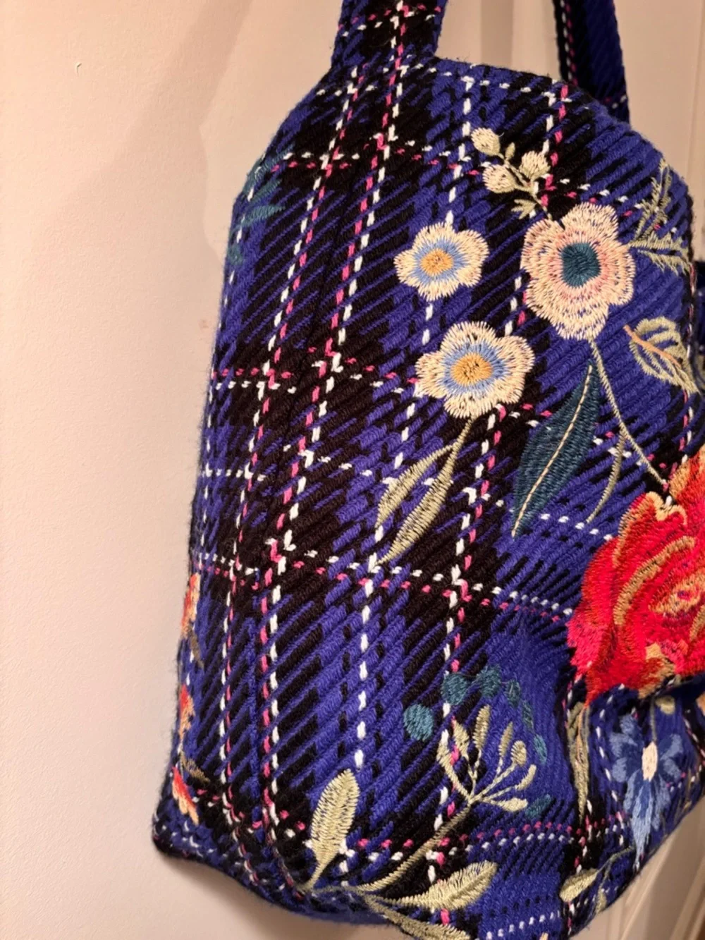 Johnny Was Mila Blue Plaid Embroidered Tote Bag - Picture 8 of 15